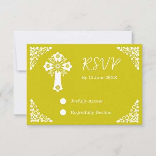 RSVP Card Floral Cross Christening Yellow (Voorkant)