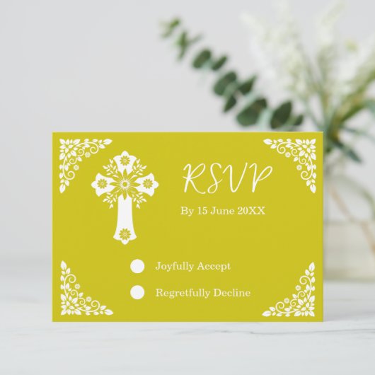 RSVP Card Floral Cross Christening Yellow (Staand voorkant)