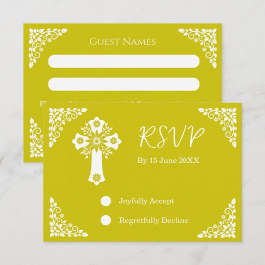 RSVP Card Floral Cross Christening Yellow (Voorkant / Achterkant)