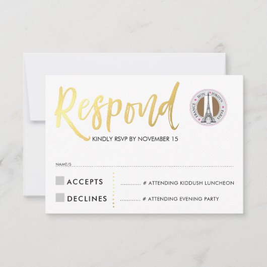 RSVP CARD gold script response roze harten JORDYN1 (Voorkant)