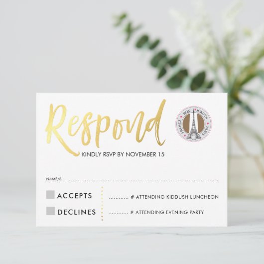 RSVP CARD gold script response roze harten JORDYN1 (Staand voorkant)