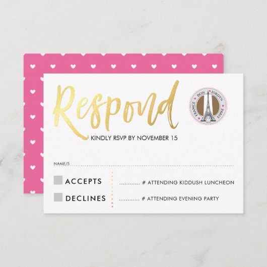 RSVP CARD gold script response roze harten JORDYN1 (Voorkant / Achterkant)