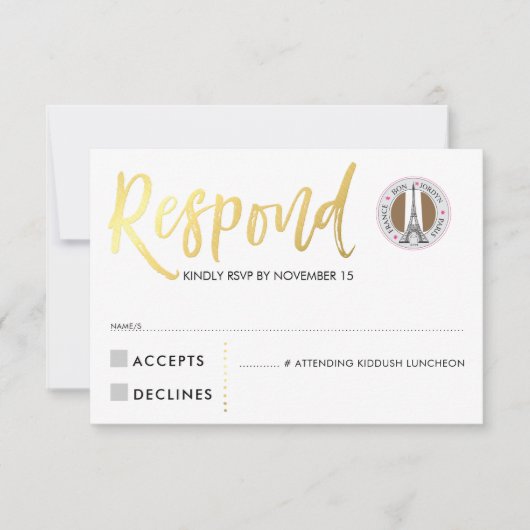 RSVP CARD gold script response roze harten JORDYN2 Kaartje (Voorkant)