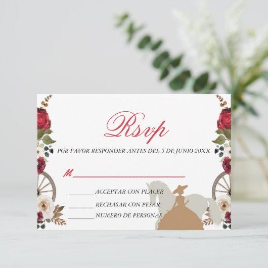 RSVP Card Quinceanera Red Charra Watercolor  Bedankkaart (Staand voorkant)