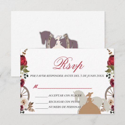 RSVP Card Quinceanera Red Charra Watercolor  Bedankkaart (Voorkant / Achterkant)