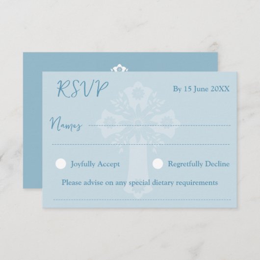 RSVP Card Style 1 Bloemen Kruis doop Blauw (Voorkant / Achterkant)