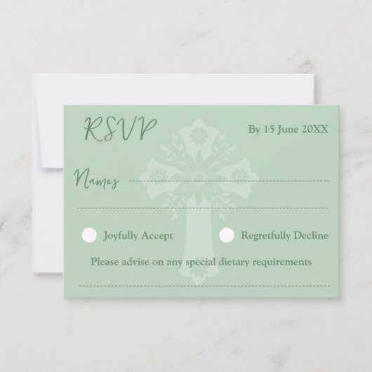 RSVP Card Style 1 Floral Cross Baptism Green (Voorkant)