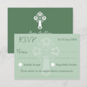 RSVP Card Style 1 Floral Cross Baptism Green (Voorkant / Achterkant)