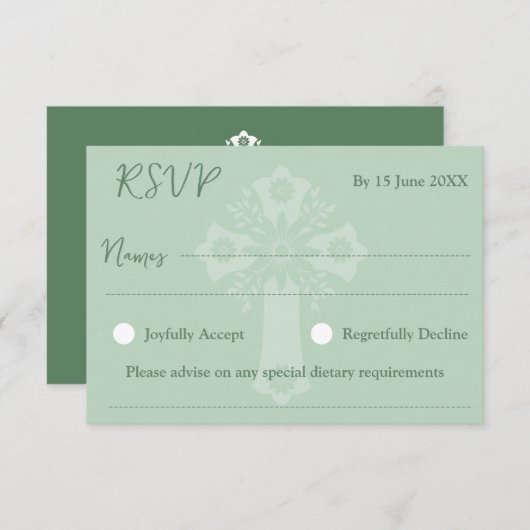 RSVP Card Style 2 Bloemen Kruis doop Groen (Voorkant / Achterkant)
