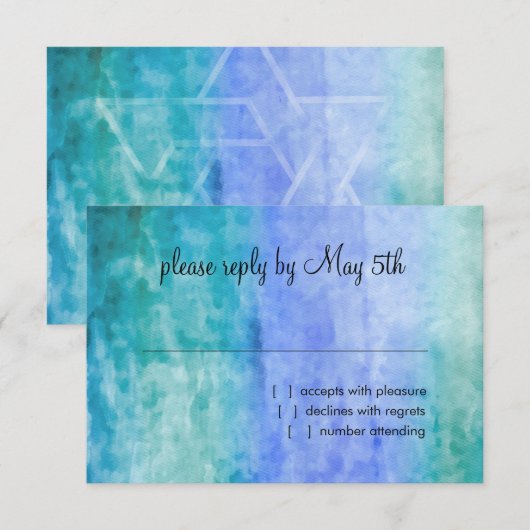 RSVP Card Waterverf Streaks Blue Star van David (Voorkant / Achterkant)