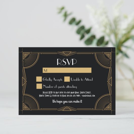 RSVP Cards 1920's  Gatsby bruiloft uitnodigingen (Staand voorkant)
