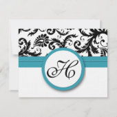 RSVP Cards-Zwart & Wit Damast Donker Zwembad Blauw (Voorkant)