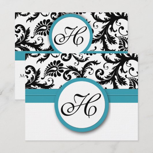 RSVP Cards-Zwart & Wit Damast Donker Zwembad Blauw (Voorkant / Achterkant)