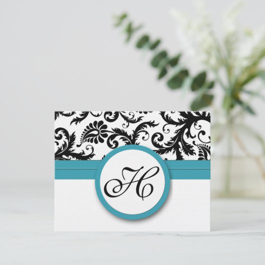RSVP Cards-Zwart & Wit Damast Donker Zwembad Blauw (Staand voorkant)