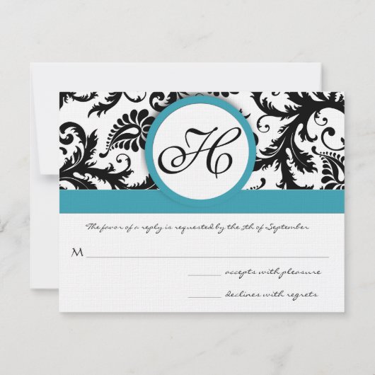 RSVP Cards-Zwart & Wit Damast Donker Zwembad Blauw (Achterkant)