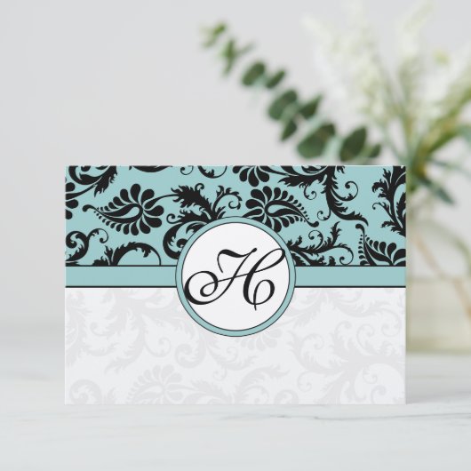 RSVP Cards-Zwart & Wit Damast Donker Zwembad Blauw (Staand voorkant)