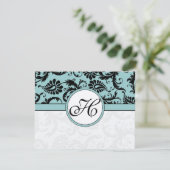 RSVP Cards-Zwart & Wit Damast Donker Zwembad Blauw (Staand voorkant)