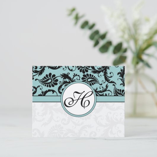 RSVP Cards-Zwart & Wit Damast Donker Zwembad Blauw (Staand voorkant)