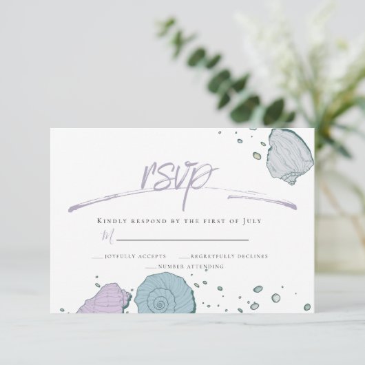 RSVP | Casual strand Seashells Lila Stustblauw Kaart (Staand voorkant)