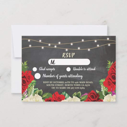 RSVP Chalk Wedding Rustic Lights Red Roses Kaart (Voorkant)