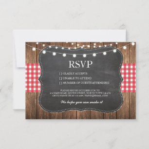 RSVP Chalk Wedding Wood Rustige Red Check Cards