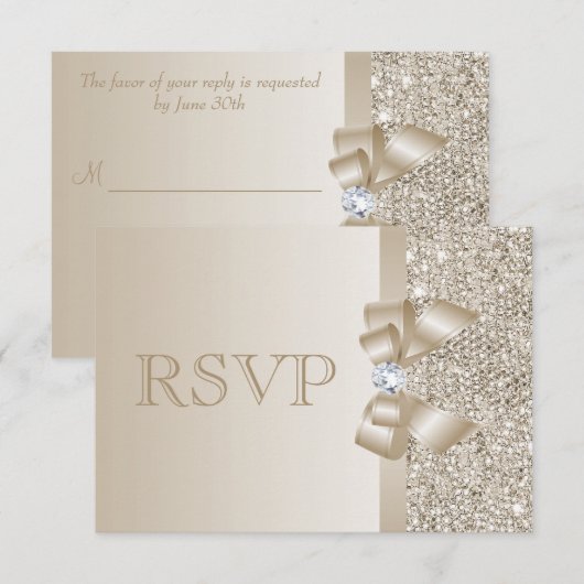 RSVP Champagne Sequins, Bow & Diamant RSVP Kaartje (Voorkant / Achterkant)