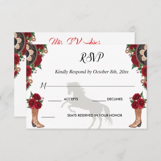 RSVP Charra Invitations, Red Roses charra (Voorkant / Achterkant)