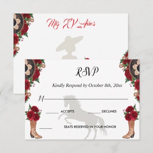 RSVP Charra Invitations, Red Roses charra Kaartje (Voorkant / Achterkant)