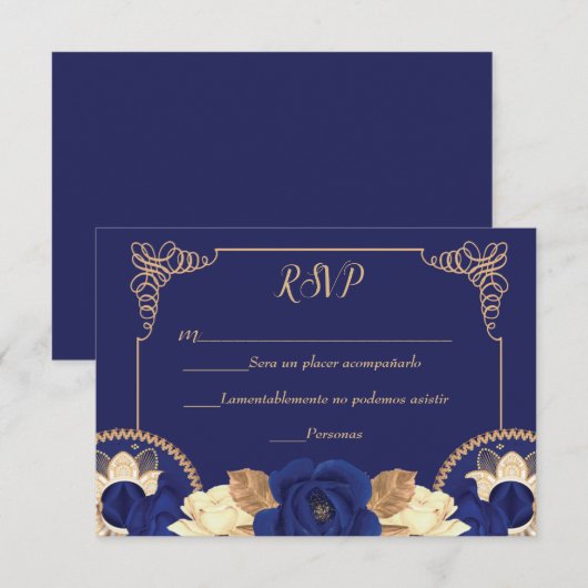 RSVP Charro Invitation, in Navy Blue en Gold Bedankkaart (Voorkant / Achterkant)