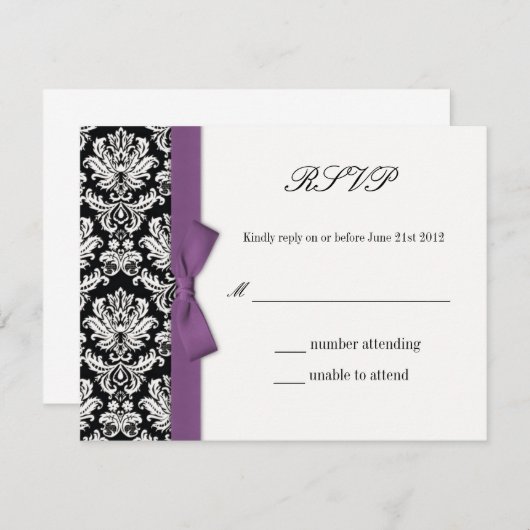 RSVP - Damask Paarse Bow Wedding Response Kaart (Voorkant / Achterkant)