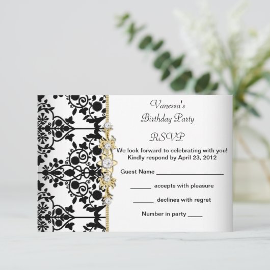RSVP Damask Verjaardagsfeest Goud Zwart Wit Bloeme (Staand voorkant)