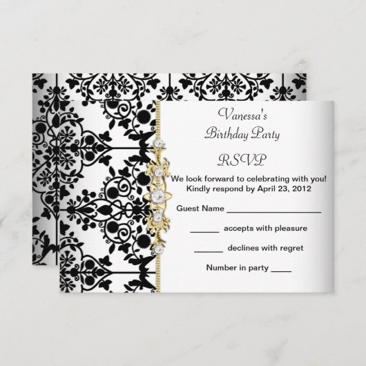 RSVP Damask Verjaardagsfeest Goud Zwart Wit Bloeme (Voorkant / Achterkant)