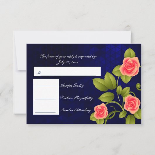 RSVP Dark Blue en Coral Roos Wedding (Voorkant)