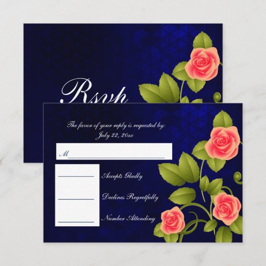 RSVP Dark Blue en Coral Roos Wedding (Voorkant / Achterkant)