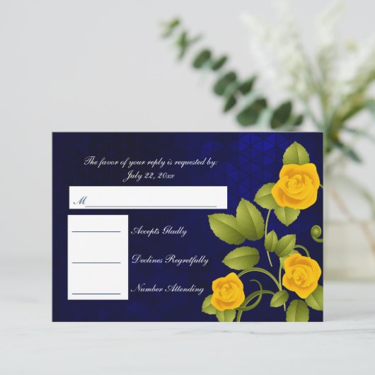 RSVP Dark Blue en Yellow Rose Wedding (Staand voorkant)