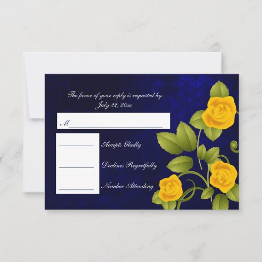 RSVP Dark Blue en Yellow Rose Wedding Kaartje (Voorkant)