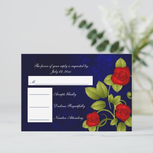 RSVP Donkerblauw en Rood Rose Bruiloft (Staand voorkant)