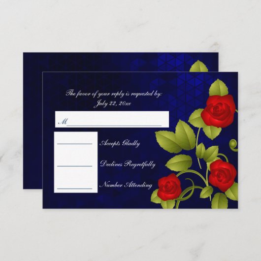 RSVP Donkerblauw en Rood Rose Bruiloft (Voorkant / Achterkant)