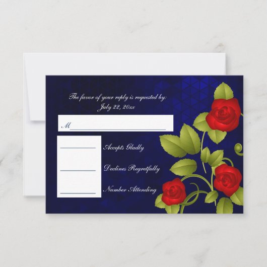 RSVP Donkerblauw en Rood Rose Bruiloft Kaartje (Voorkant)