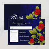 RSVP Donkerblauw en Rood Rose Bruiloft Kaartje (Voorkant / Achterkant)