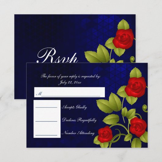 RSVP Donkerblauw en Rood Rose Bruiloft Kaartje (Voorkant / Achterkant)