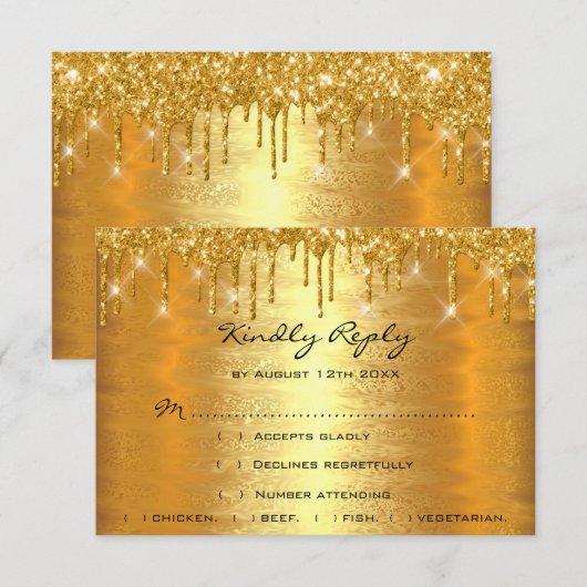 RSVP Drips Goud Glans Bruiloft Jubileum Lux Kaartje (Voorkant / Achterkant)