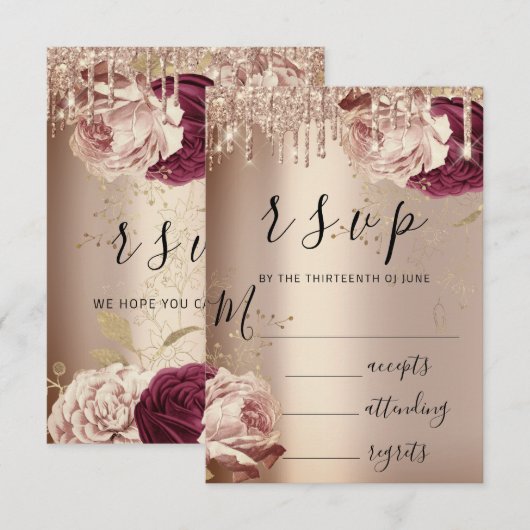 RSVP Drips Wedding Marsala Florals Roos (Voorkant / Achterkant)