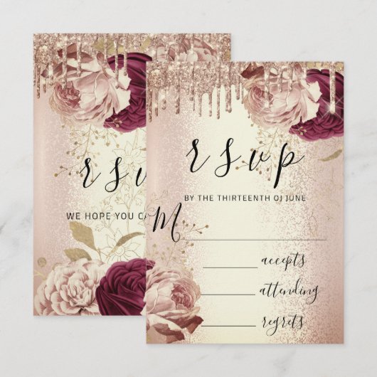 RSVP Drips Wedding Marsala Florals Roos Burgundy (Voorkant / Achterkant)