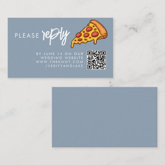 RSVP Dusty Blue PIZZA Modern Minimum Chic Wedding Informatiekaartje (Voorkant / Achterkant)
