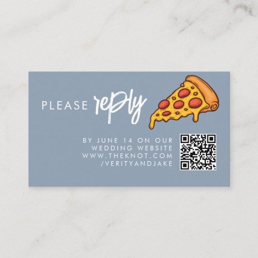 RSVP Dusty Blue PIZZA Modern Minimum Chic Wedding Informatiekaartje (Voorkant)