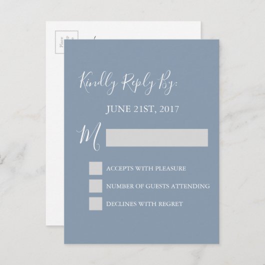 RSVP - Dusty Blue Wedding Response Card Uitnodiging Briefkaart (Voorkant / Achterkant)
