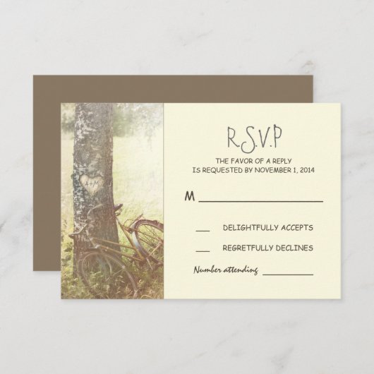 RSVP, een trouwe  boom en een fietsenbruiloft RSVP Kaartje (Voorkant / Achterkant)