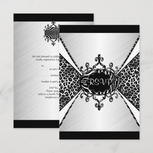 RSVP Elegant Birthday Leopard Zebra Black White Kaart (Voorkant / Achterkant)