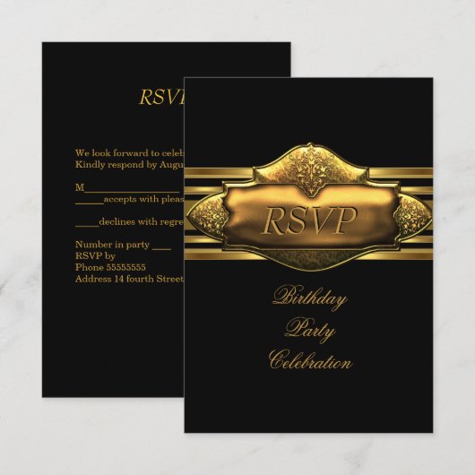 RSVP Elegant Black Gold Birthday Party Mannen Kaart (Voorkant / Achterkant)